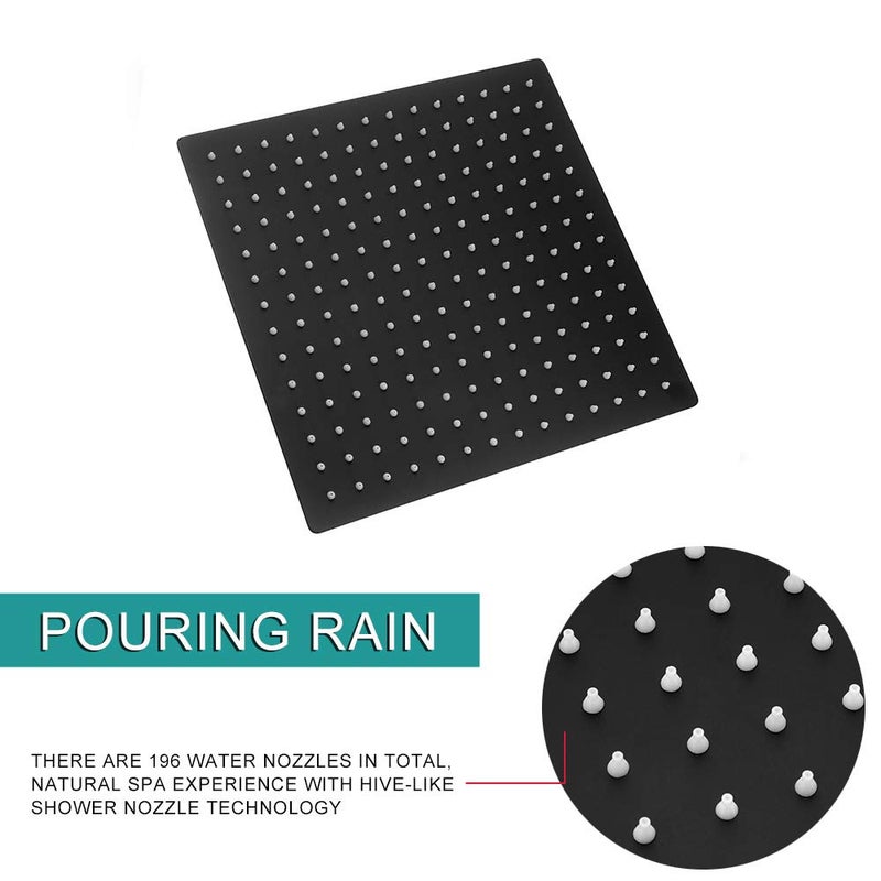 Lordear 12 inch Black Rainfall Shower Head Black Shower Head Square Solid Ultra Thin 304 Stainless Steel Fixed Rain Shower Head with Self Cleaning Nozzles - Image 4